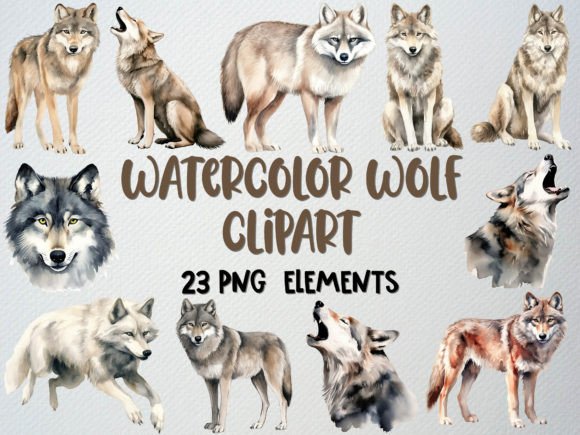 Download Watercolor Wolf Clipart Set, 23 PNG - Wolf clipart Collection