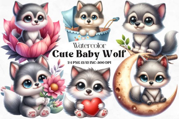 Download Watercolor Baby Wolf Clipart Bundle - Wolf clipart Collection