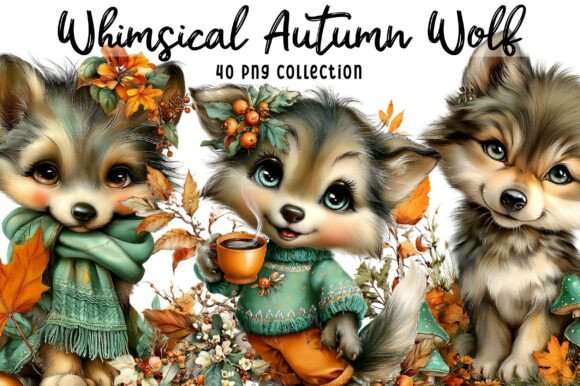 Download Whimsical Autumn Wolf Clipart - Wolf clipart Collection