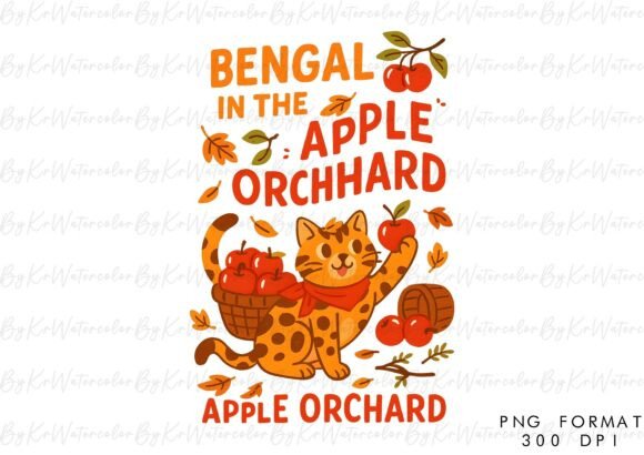 Download Bengal Cat Apple Fall Hand Drawn PNG - Fall Collection