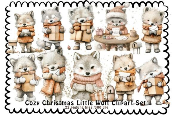 Download Cozy Christmas Little Wolf Clipart Set - Wolf clipart Collection